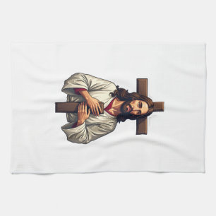 Jesus Kreuz Portrait Vintage Gravur Shirt 2 Geschirrtuch