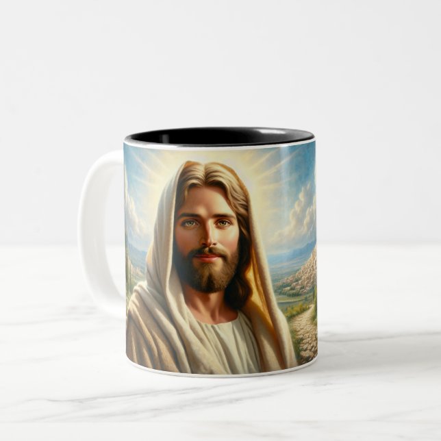 Jesus lächelt unter einem Himmlischen Himmel Zweifarbige Tasse (Vorderseite Links)