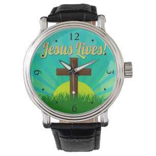 Jesus lebt blau/braun Christliches Osterkreuz Armbanduhr