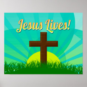 Jesus lebt blau/braun Christliches Osterkreuz Poster