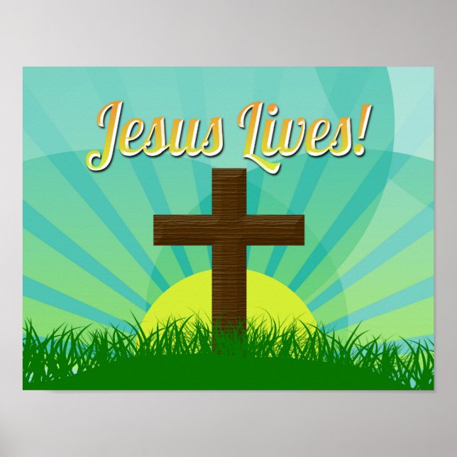 Jesus lebt blau/braun Christliches Osterkreuz Poster (Vorne)