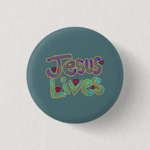 Jesus lebt mit rotem Herzen blau Button