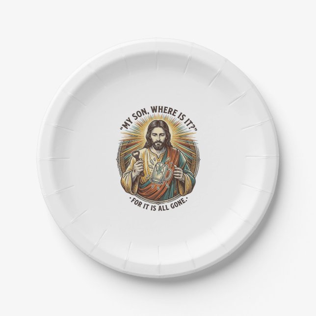 Jesus Leerer Gebrochener Bierkrug Barkeeper Trinke Pappteller (Vorderseite)
