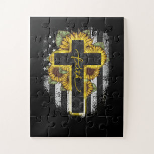 Jesus Liebe   Faith Christlich Sunflower USA Flag Puzzle