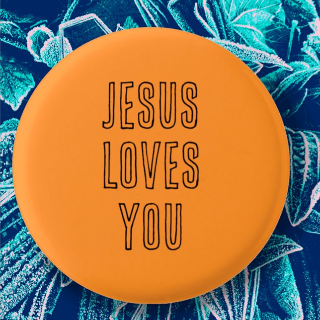 Jesus Lieben Sie anpassen Orange & Black Modern Button (Cute orange button with black modern script says "Jesus loves You" great Christian faith church gift)