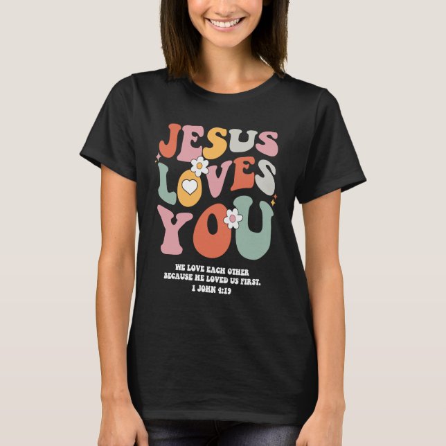 Jesus Lieben Sie Christliche Verse Retro Groovy T-Shirt (Vorderseite)