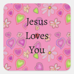 Jesus liebt euch Herzen Rosa Quadratischer Aufkleber