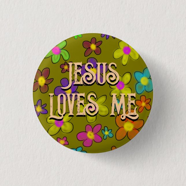 Jesus liebt mich süßes Retro-Blumenmuster  Button (Vorderseite)