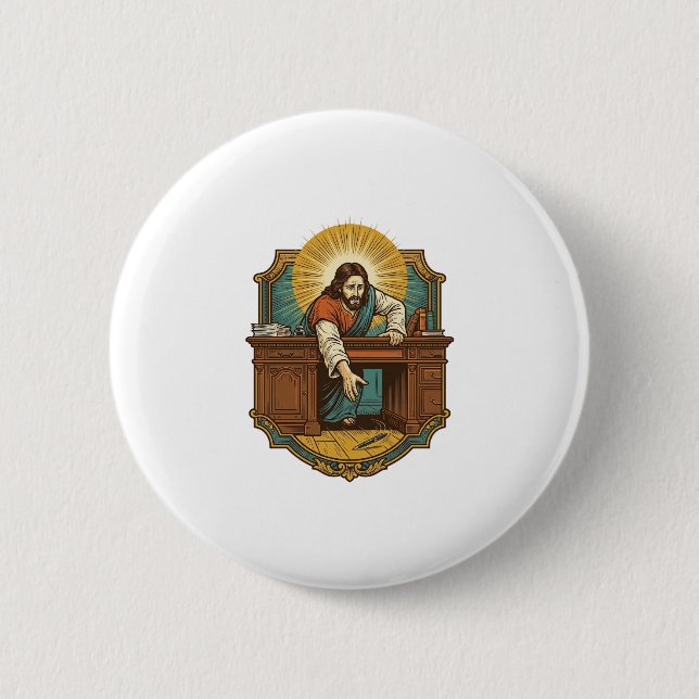 Jesus ließ den Stift hinter dem schweren Schreibti Button (Vorderseite)