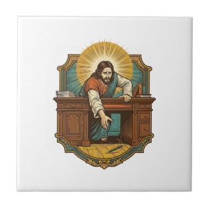Jesus ließ den Stift hinter dem schweren Schreibti Fliese