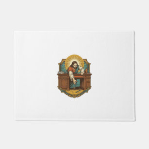 Jesus ließ den Stift hinter dem schweren Schreibti Fußmatte