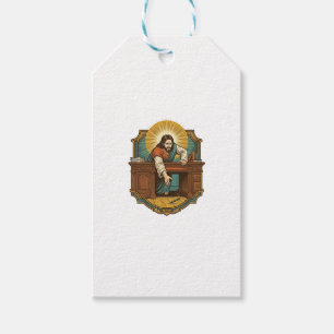 Jesus ließ den Stift hinter dem schweren Schreibti Geschenkanhänger