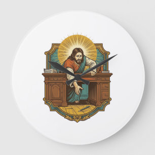 Jesus ließ den Stift hinter dem schweren Schreibti Große Wanduhr