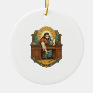 Jesus ließ den Stift hinter dem schweren Schreibti Keramik Ornament