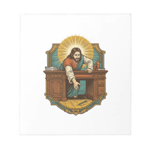 Jesus ließ den Stift hinter dem schweren Schreibti Notizblock