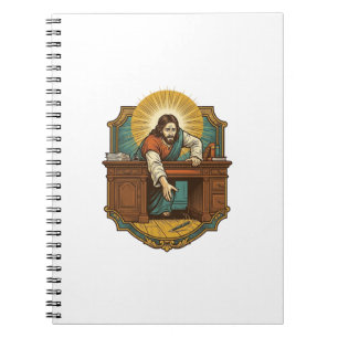 Jesus ließ den Stift hinter dem schweren Schreibti Notizblock