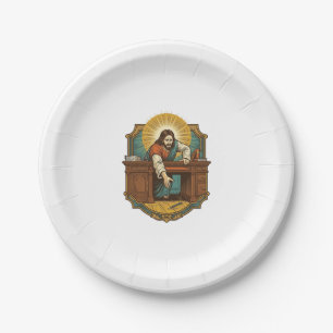 Jesus ließ den Stift hinter dem schweren Schreibti Pappteller