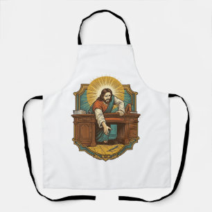 Jesus ließ den Stift hinter dem schweren Schreibti Schürze