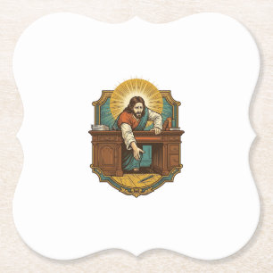 Jesus ließ den Stift hinter dem schweren Schreibti Untersetzer