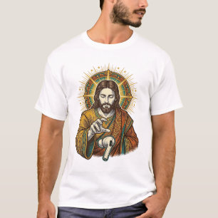 Jesus ließ kabelloses Earbud unter dem Schreibtisc T-Shirt