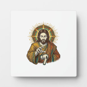 Jesus ließ kabelloses Earbud unter Schreibtisch Te Fotoplatte