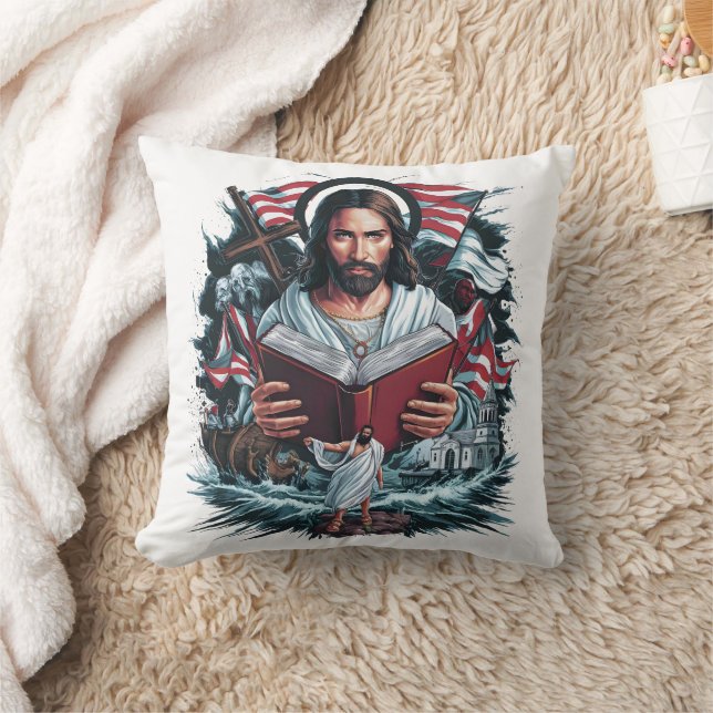 Jesus liest inmitten von Wellen und Glaubenssymbol Kissen (Decke)