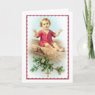 Jesus Manger Christ Kind Rosary Holly Berry Straw Feiertagskarte