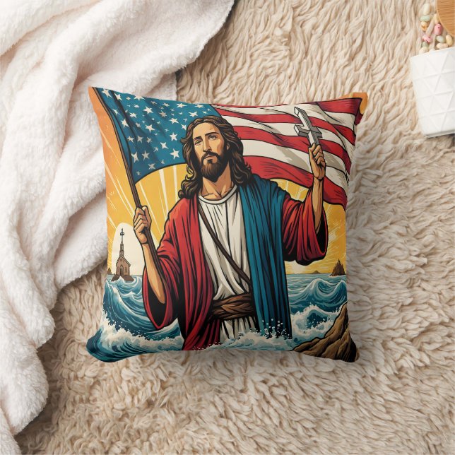Jesus mit amerikanischer Flagge bei Sonnenuntergan Kissen (Decke)