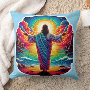Jesus mit Blick auf den bunten Himmel Kissen