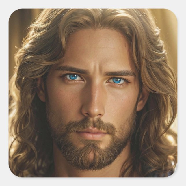 Jesus mit Blue Eyes Portrait Quadratischer Aufkleber (Vorderseite)