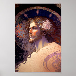 Jesus mit Blume im Haar von Mucha AI Generiert Poster
