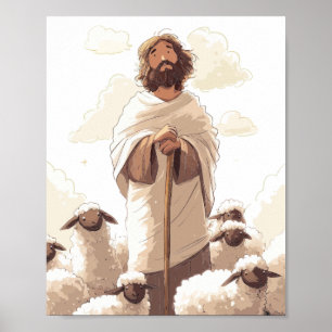 Jesus mit Hirtenstab umgeben von Lämmern Poster