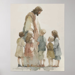 Jesus mit Kindern Aquarell Poster