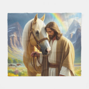 Jesus mit Palomino Pferd in Landschaftlicher Lands Fleecedecke