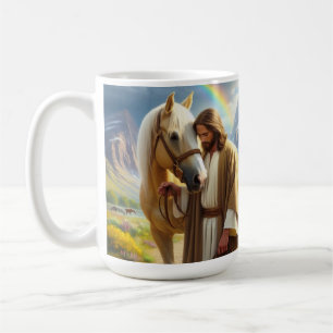 Jesus mit Palomino Pferd in Landschaftlicher Lands Kaffeetasse