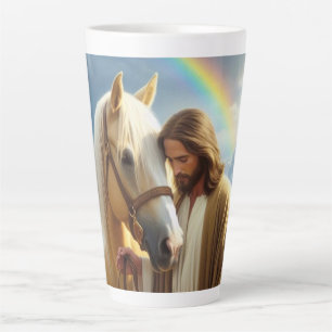 Jesus mit Palomino Pferd in Landschaftlicher Lands Milchtasse