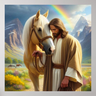 Jesus mit Palomino Pferd in Landschaftlicher Lands Poster