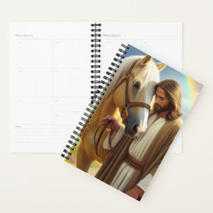 Jesus mit Palomino-Pferd in landschaftlicher Szene Planer