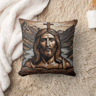 Jesus mit überquerender Aussicht auf die Bergwelt Kissen