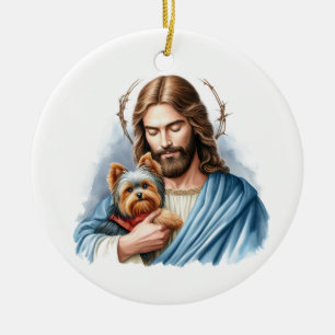Jesus mit Yorkie 1. Weihnachten im Himmel Keramik Ornament