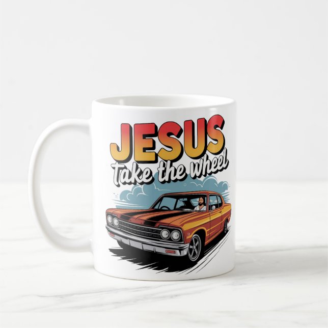 Jesus nehmen das Vintage Muskelauto Kaffeetasse (Links)