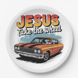 Jesus nehmen das Vintage Muskelauto Pappteller