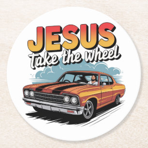 Jesus nehmen das Vintage Muskelauto Runder Pappuntersetzer