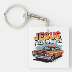 Jesus nehmen das Vintage Muskelauto Schlüsselanhänger