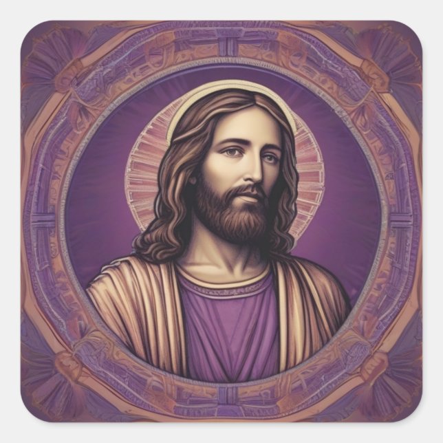 Jesus-Portrait in psychedelischer lila Schattierun Quadratischer Aufkleber (Vorderseite)