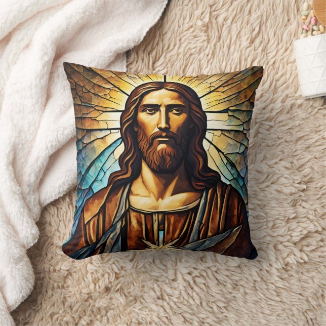 Jesus Portrait mit Goldener Aura in festem Glas Kissen (Decke)