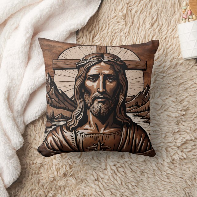 Jesus Portrait Umgeben von Bergen und Kreuz Kissen (Decke)
