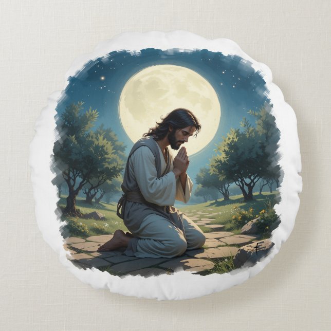 Jesus Praving Round Pillow - Christliche Kunstwerk Rundes Kissen (Vorderseite)