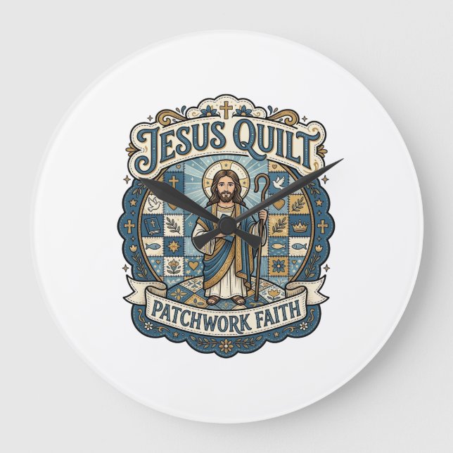 Jesus Quilt Patchwork Glaube Jesus Quilt Patchwork Große Wanduhr (Vorderseite)
