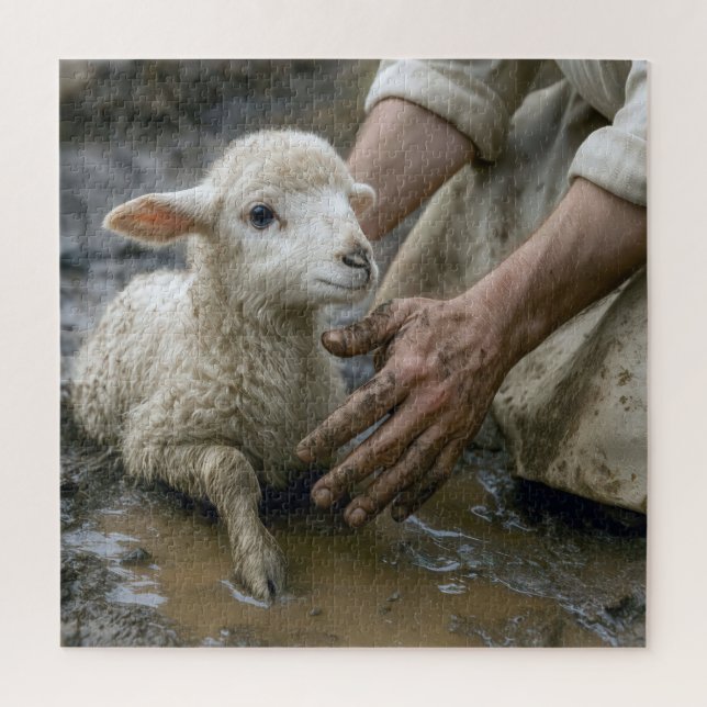 Jesus Rescuing a Lamb From a Mud Puddle Puzzle (Vertikal)